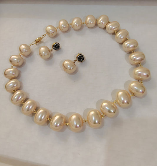 Soft Cream Gold Premium Heavy Pearl Necklace with Earrings