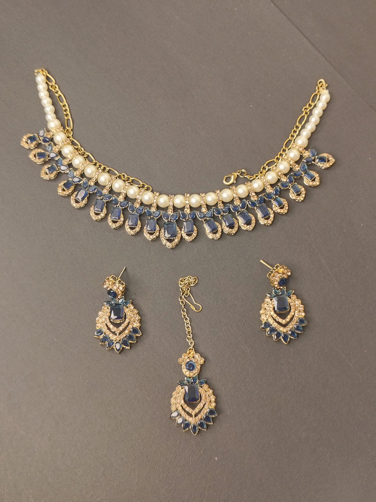 Royal Kundan Blue & Golden With Pearl & Earrings With Maang Tikka Statement Choker DB00161