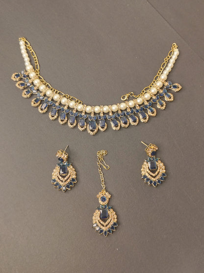 Royal Kundan Blue & Golden With Pearl & Earrings With Maang Tikka Statement Choker DB00161