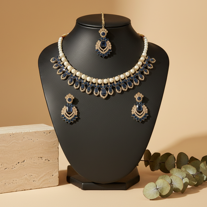 Royal Kundan Blue & Golden With Pearl & Earrings With Maang Tikka Statement Choker DB00161