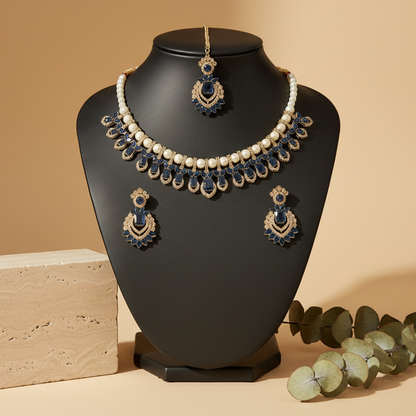 Royal Kundan Blue & Golden With Pearl & Earrings With Maang Tikka Statement Choker DB00161