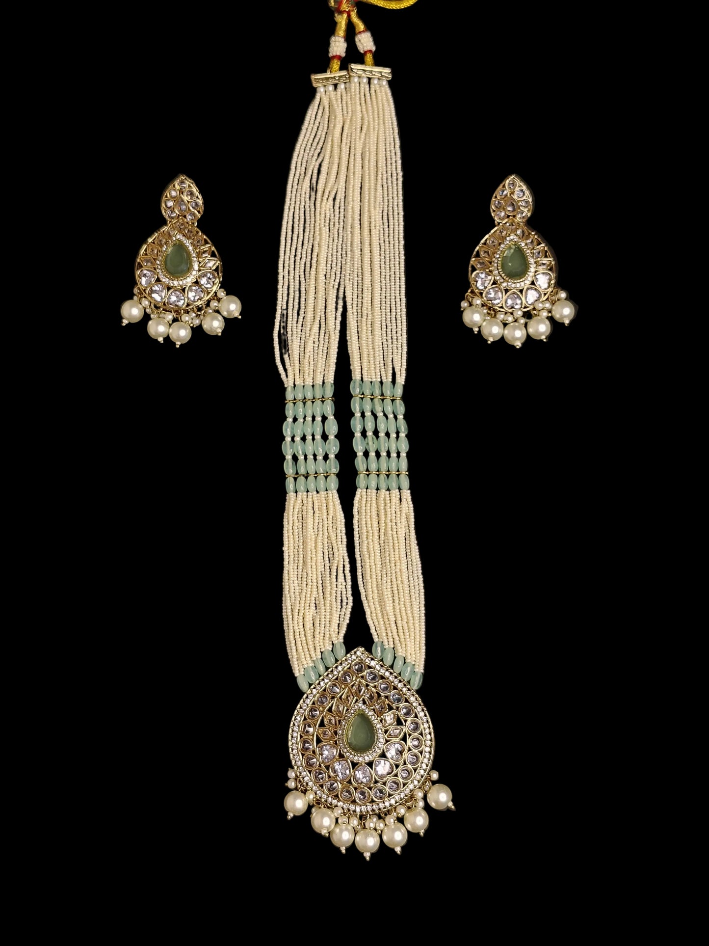 Royal White & light Green Long Necklace With Matching Earrings