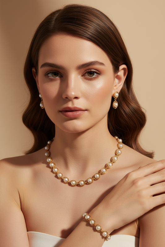 White Pearls With Golden Metal - Necklace, Earrings, Bracelet -5 piece Set