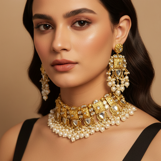 Royal Choker White & Golden Shade With Matching Earrings & Mang Tikka
