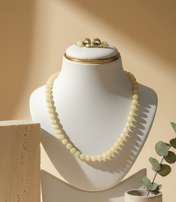 Light Yellow Onyx Necklace with Golden Metal Earings