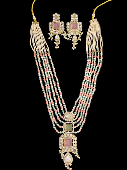 Royal light Pink & Green Shade Long Necklace With Matching Earrings