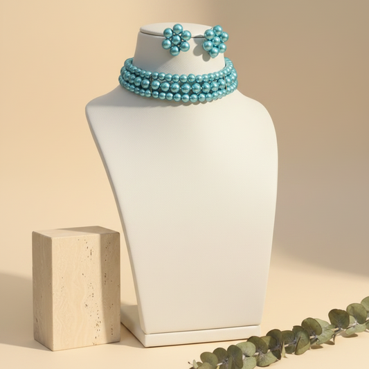 Bright Blue Pearl 3 Layer With Earrings Choker Set