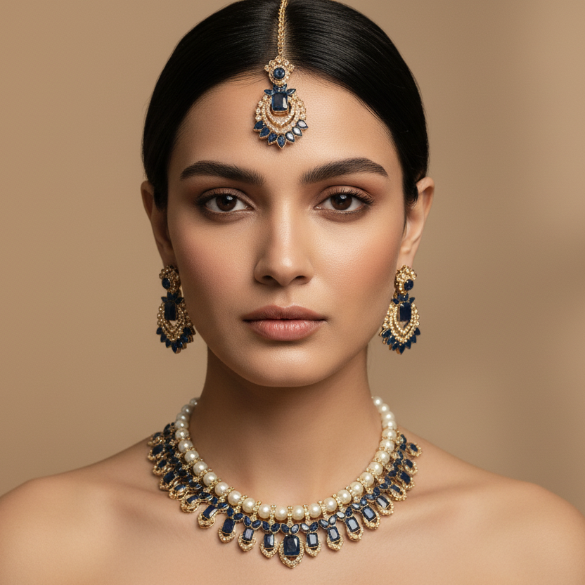 Royal Kundan Blue & Golden With Pearl & Earrings With Maang Tikka Statement Choker DB00161