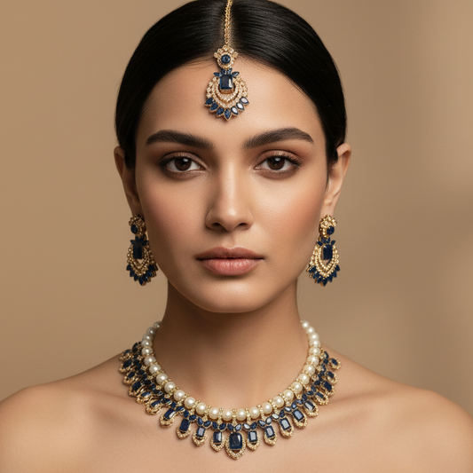 Royal Kundan Blue & Golden With Pearl & Earrings With Maang Tikka Statement Choker