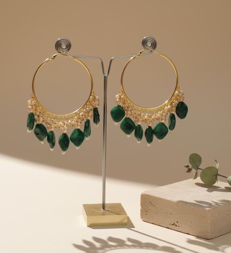 Golden Metal Hoop With Bright Green Stone DB00225