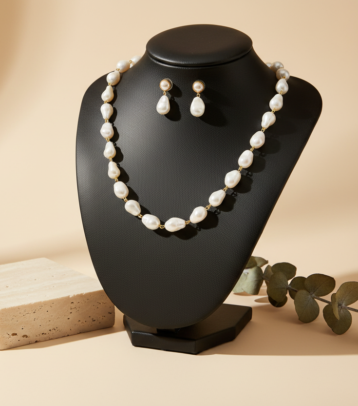 White stone Pearl Necklace With Matching Korean Earrings DB00347