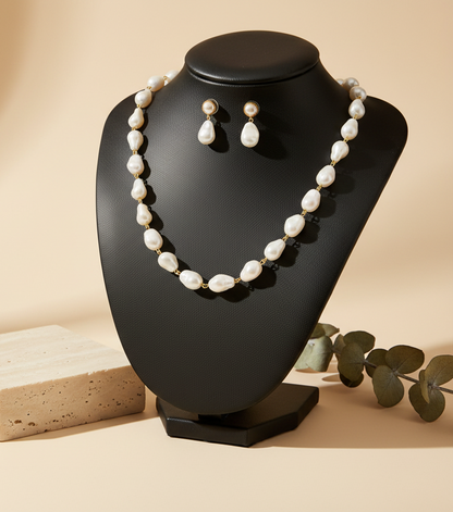 White stone Pearl Necklace With Matching Korean Earrings DB00347