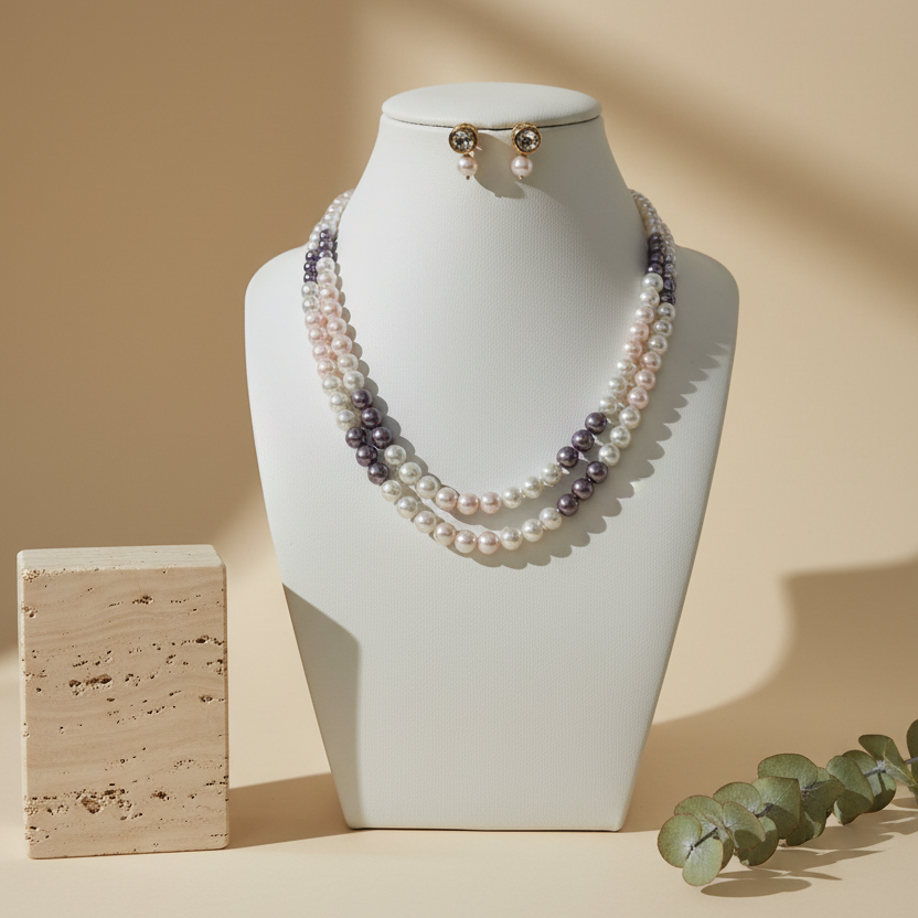 Grey Pink White Pearl Double Layer Necklace With Golden Metal Earrings