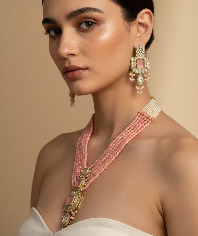 Royal White & Baby Pink Long Necklace With Matching Earrings