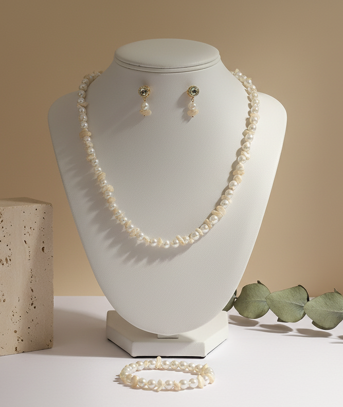 Unique White Pearl Necklace With Earring and Bracelet DB00379