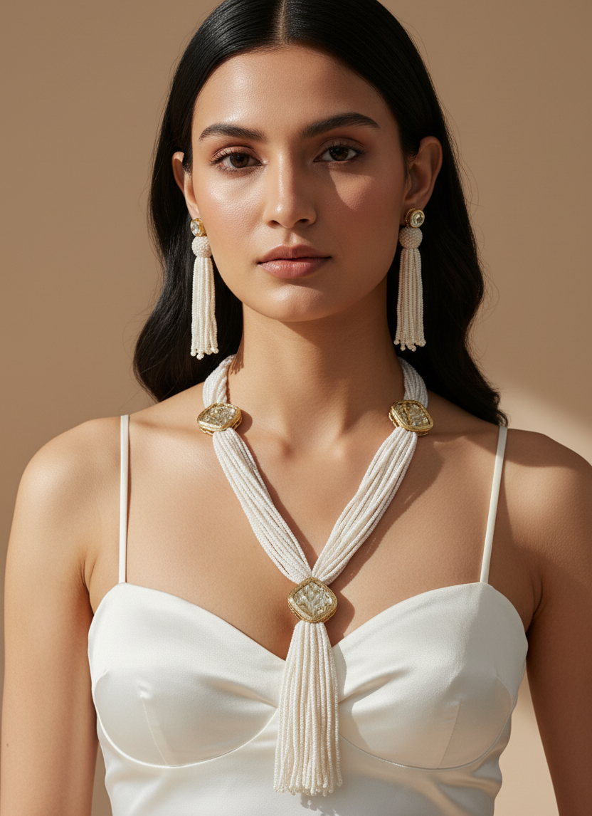 Imperial White Pearl Tassel & Gold Filigree Set & Matching Earrings