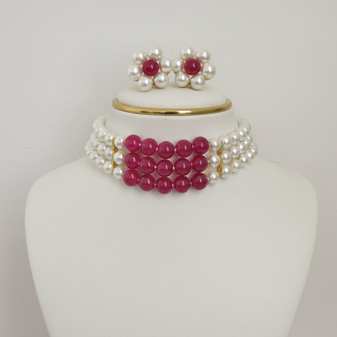 Elegant Red White Pearl Choker Necklace DB00310
