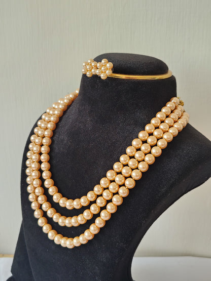 3 Layer Pearl Necklace Set Golden Shade With Earrings