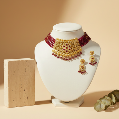 Red Golden Shade Choker With Earrings Set
