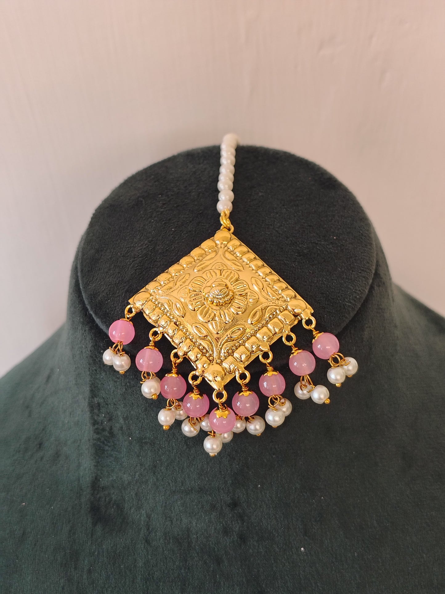 Pink & Pearl Heritage Choker Set with Maang Tikka & Matching Earrings