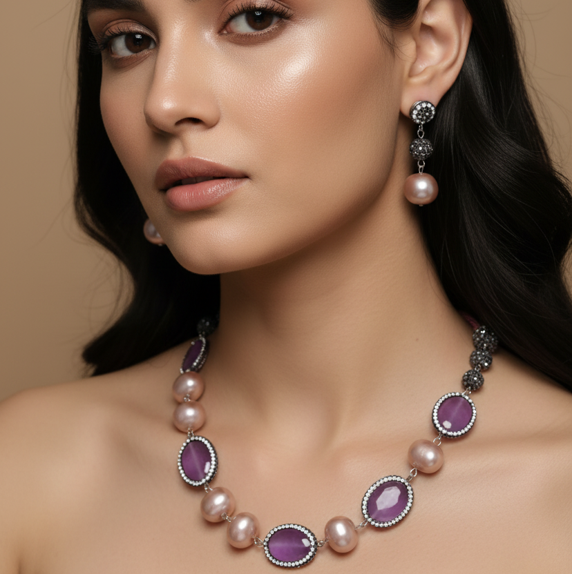 Multi Purple Shade Stone With Matching Earrings