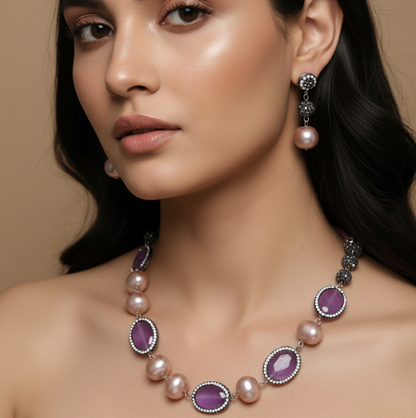 Multi Purple Shade Stone With Matching Earrings