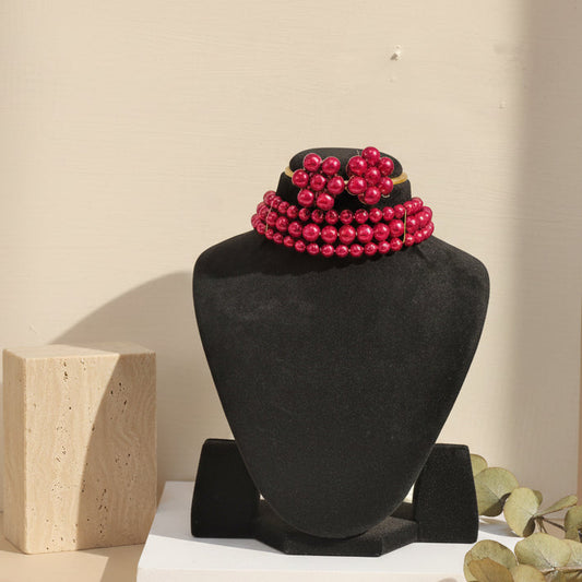 Red Pearl 3 Layer With Earrings Chokar Set