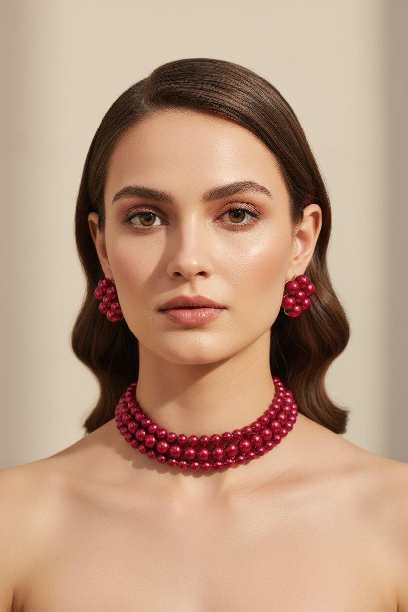 Red Pearl 3 Layer With Earrings Choker Set