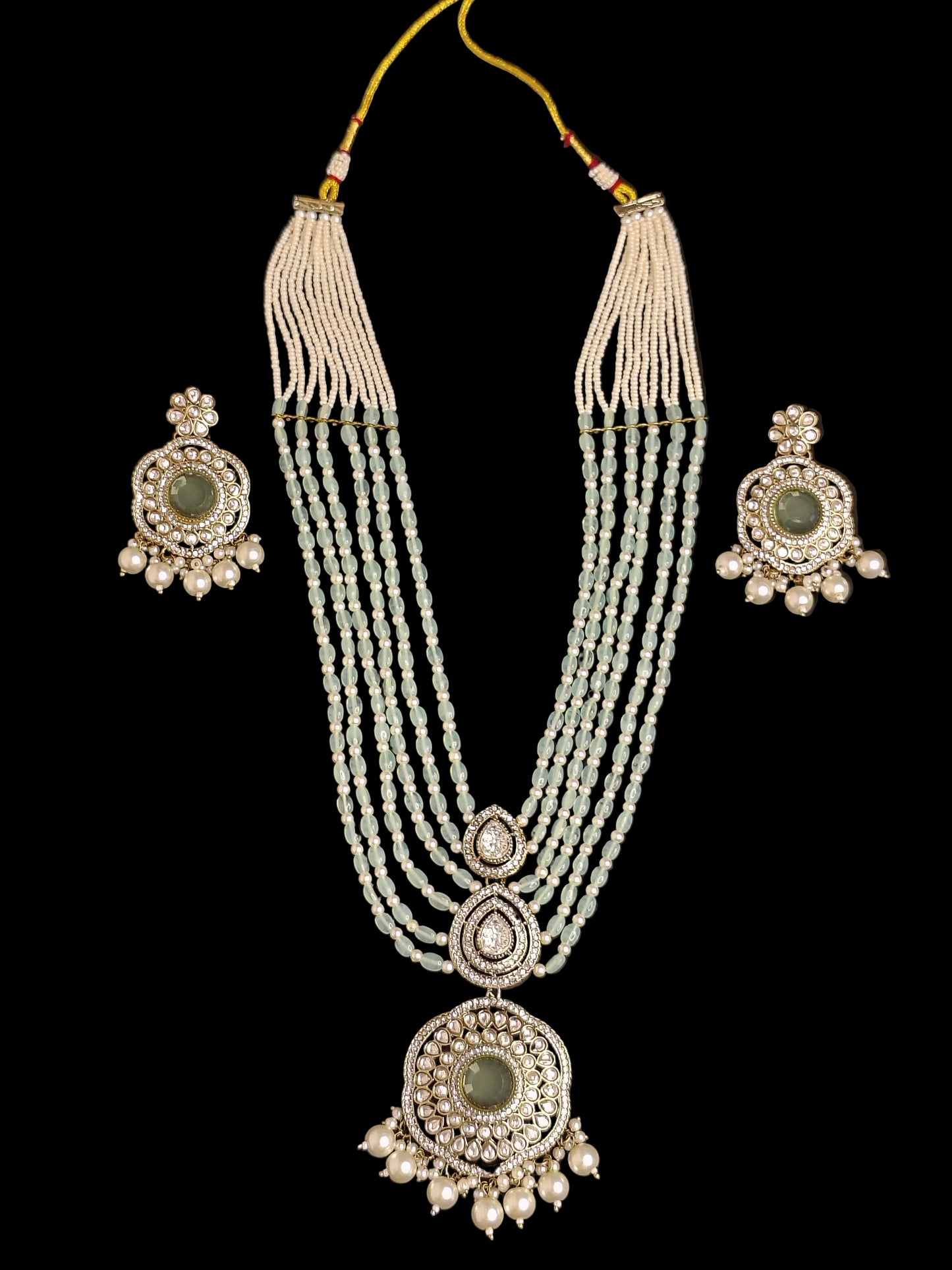 Royal White & Light Green Long Necklace With Matching Earrings