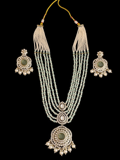 Royal White & Light Green Long Necklace With Matching Earrings