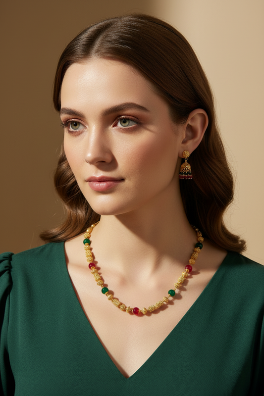 Golden Shade Multi Colour Long Necklace With Earrings DB00061