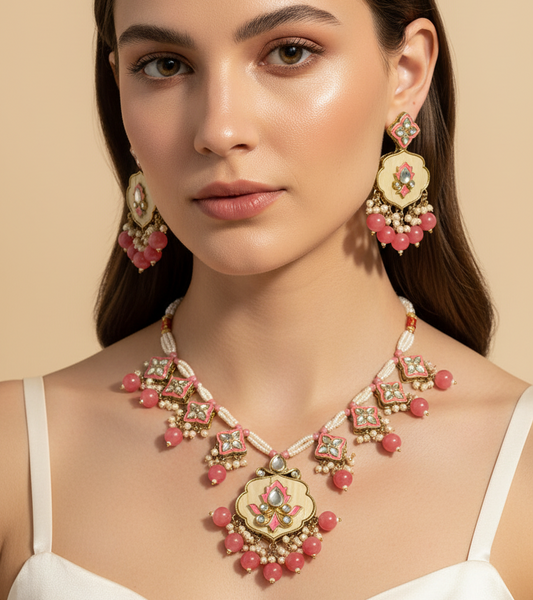 Royal light Pink & Creami Necklace With Earrings