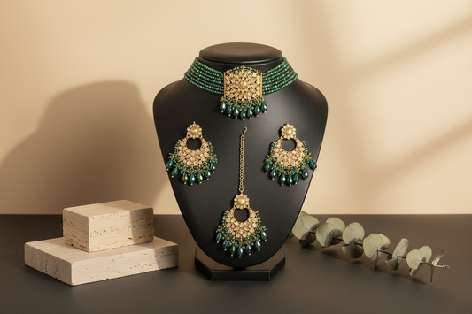 Royal Bright Green Choker with earrings Magg Tikka & Passa
