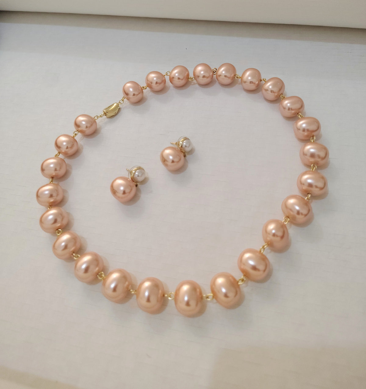 Gold Orange Tone Premium Heavy Pearl Necklace with Earrings