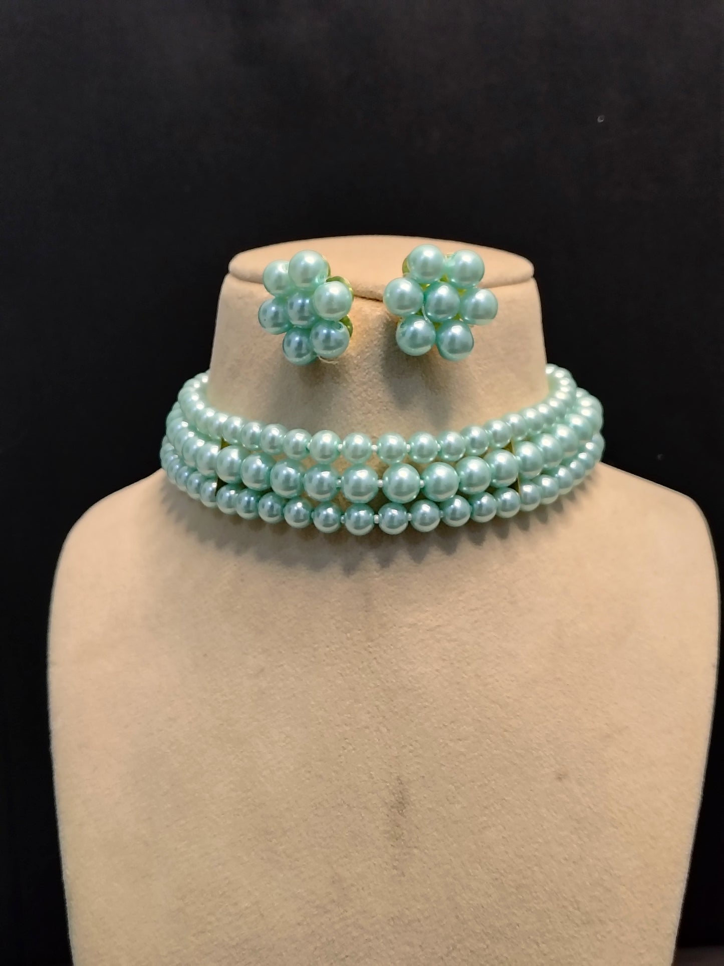 Sky Blue Pearl 3 Layer With Earrings Choker Set