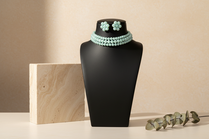 Sky Blue Pearl 3 Layer With Earrings Choker Set