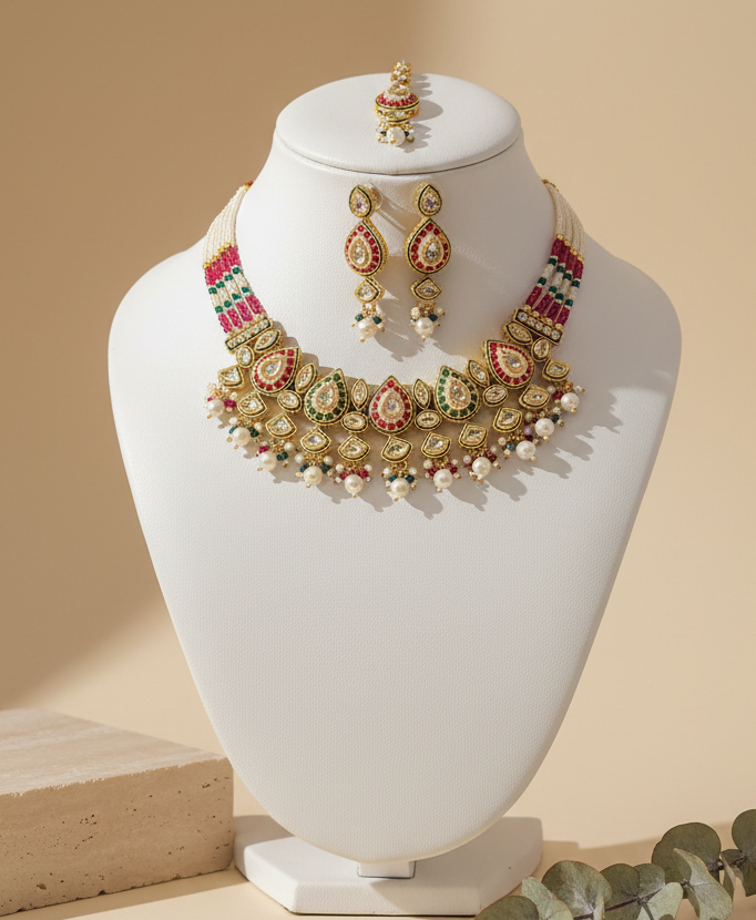 Royal Necklace Multi Colour Matching Maang Tikka and Earrings