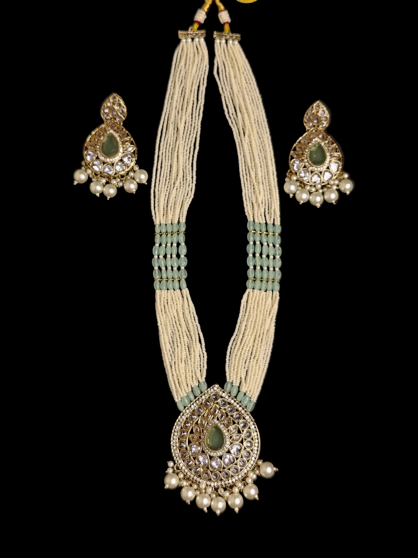 Royal White & light Green Long Necklace With Matching Earrings