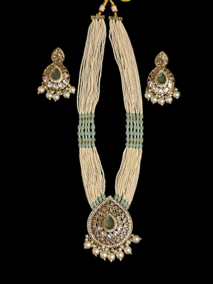 Royal White & light Green Long Necklace With Matching Earrings