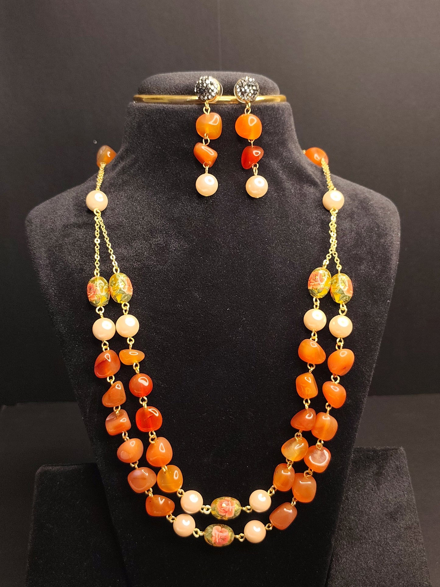 Orange Colour Beads Double layer Necklace With Matching Earrings
