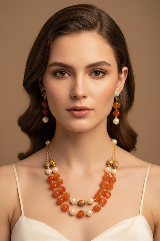 Orange Colour Beads Double layer Necklace With Matching Earrings
