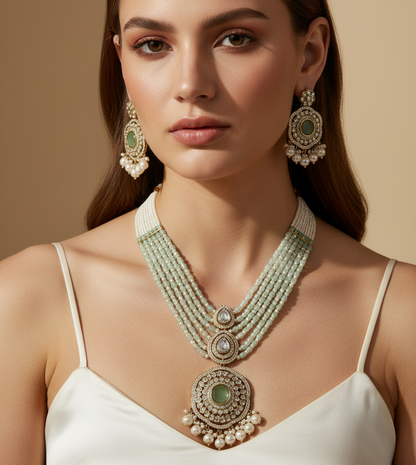 Royal White & Light Green Long Necklace With Matching Earrings
