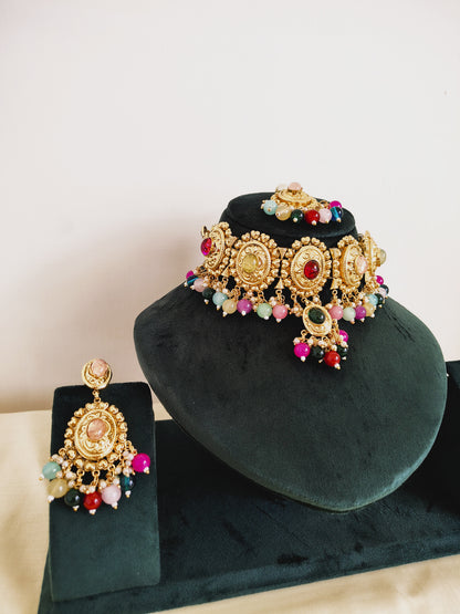 Traditional Multicolour Choker With Golden Metal