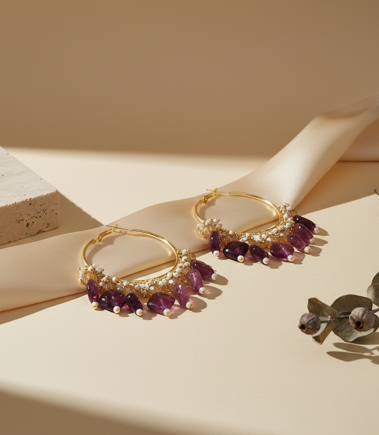 Golden Metal Hoop With Dark Rose Stone Look DB00391