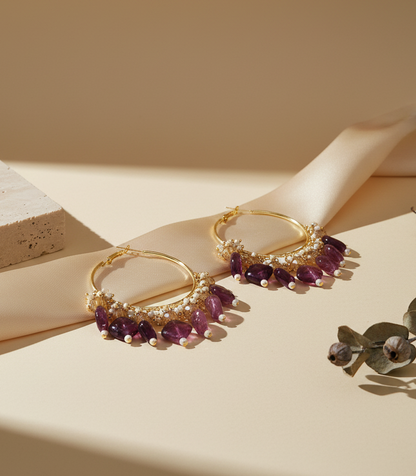 Golden Metal Hoop With Dark Rose Stone Look DB00391