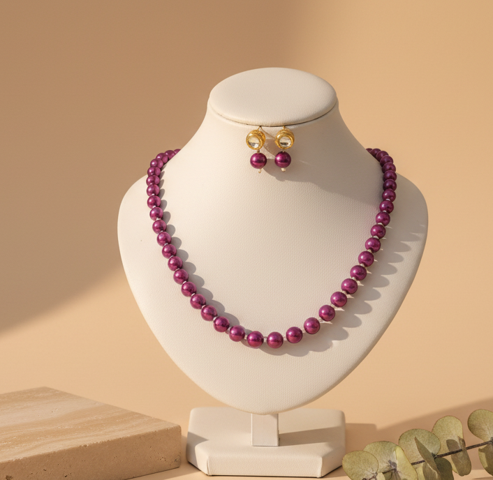 Purple Pearl With Golden Metal Earrings