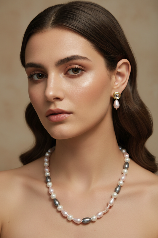 Grey Pink White Pearl Necklace With Golden Metal Earrings