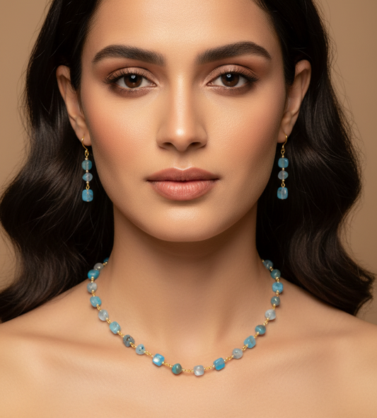 Blue & Golden stone Necklace With Matching Earrings