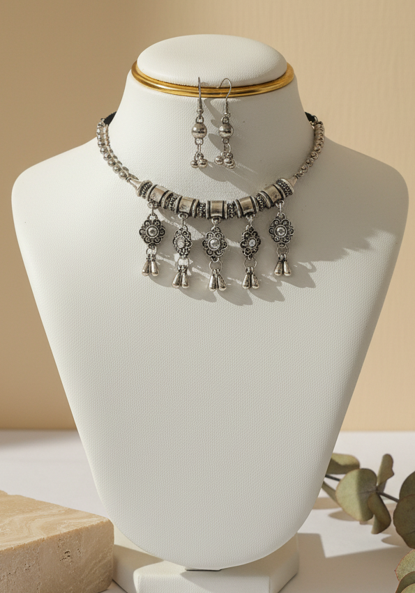 Silver Tribal Choker & Earring Set