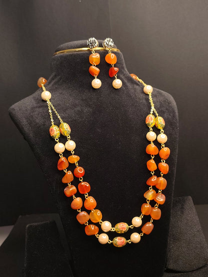 Orange Colour Beads Double layer Necklace With Matching Earrings